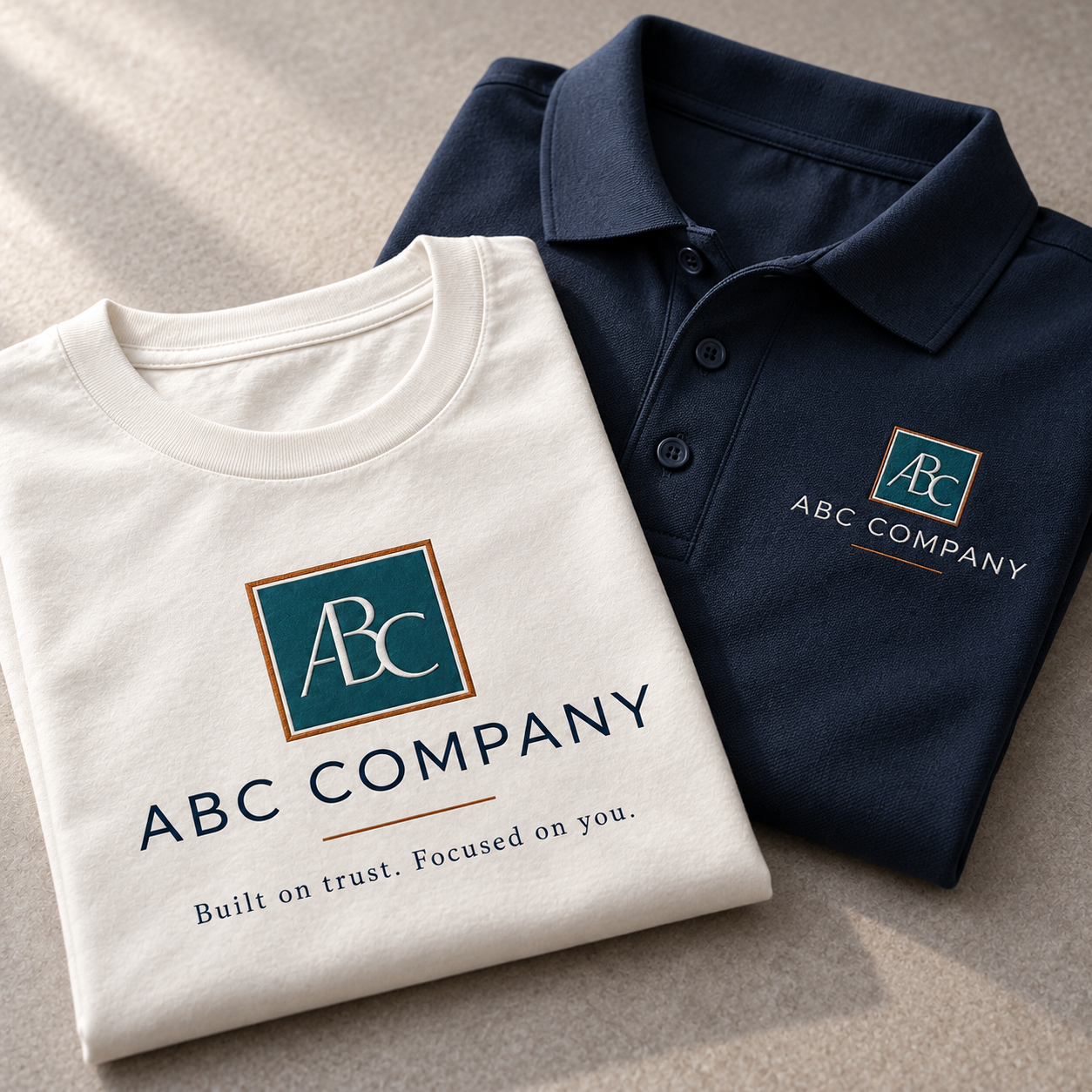 Apparel with fictional ABC Company sample branding