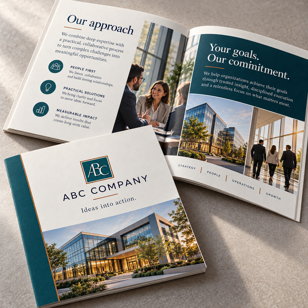 Brochures and Booklets with fictional ABC Company sample branding