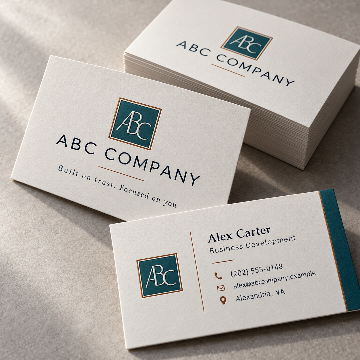 Business Cards with fictional ABC Company sample branding