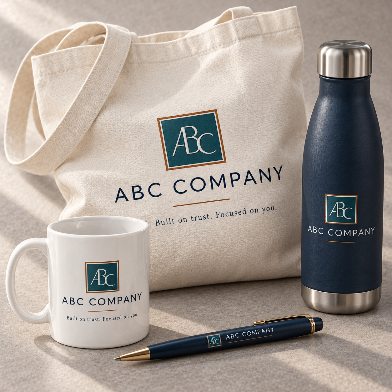 Promotional Products with fictional ABC Company sample branding