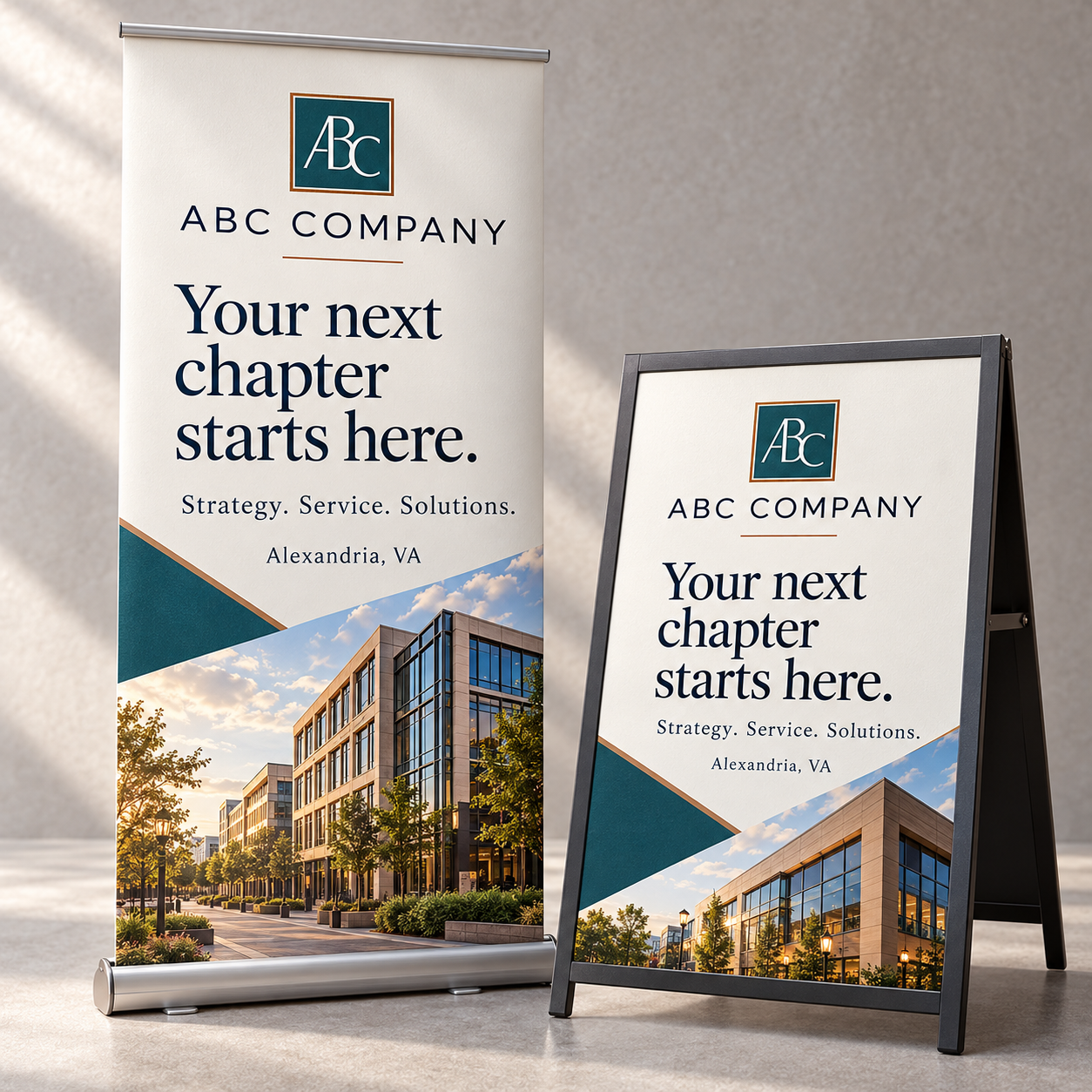 Signs and Banners with fictional ABC Company sample branding